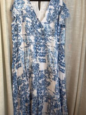 Lane Bryant Blue and White Floral Wrap-Style Maxi Dress